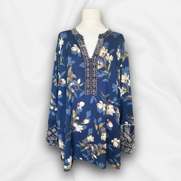 Belle Kim Gravel Blue Floral Top with Velvet Trim - Size 3X Plus Size, Boho, Whi - Picture 1 of 9